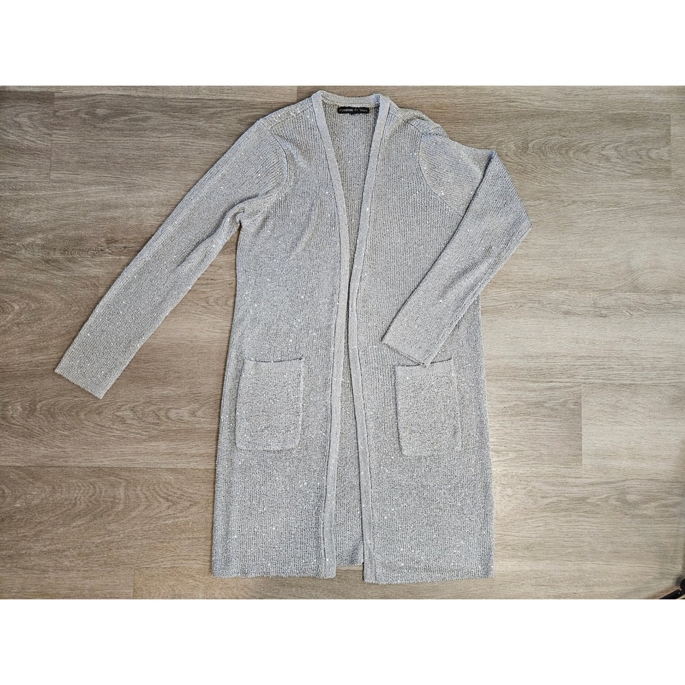 Preston & York Silver Metallic Sequin Longline Open Front Cardigan Duster Womens